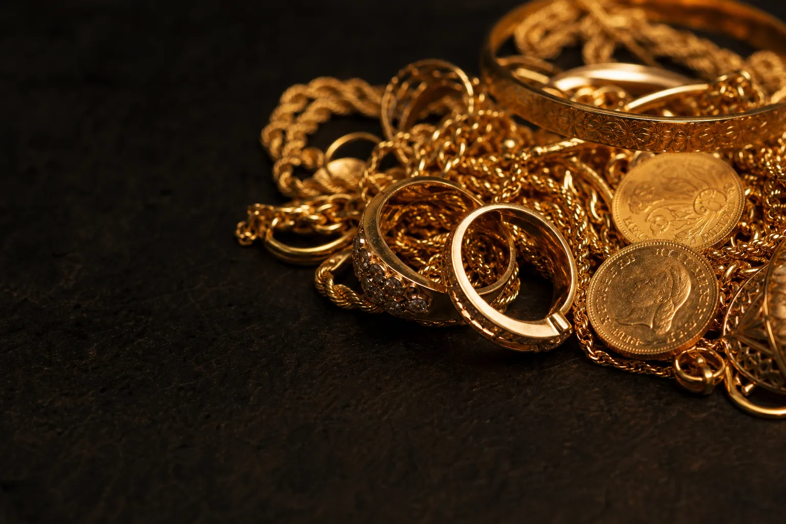 Goldschmuck, Ketten, Ringe und Goldmünzen auf dunklem Untergrund